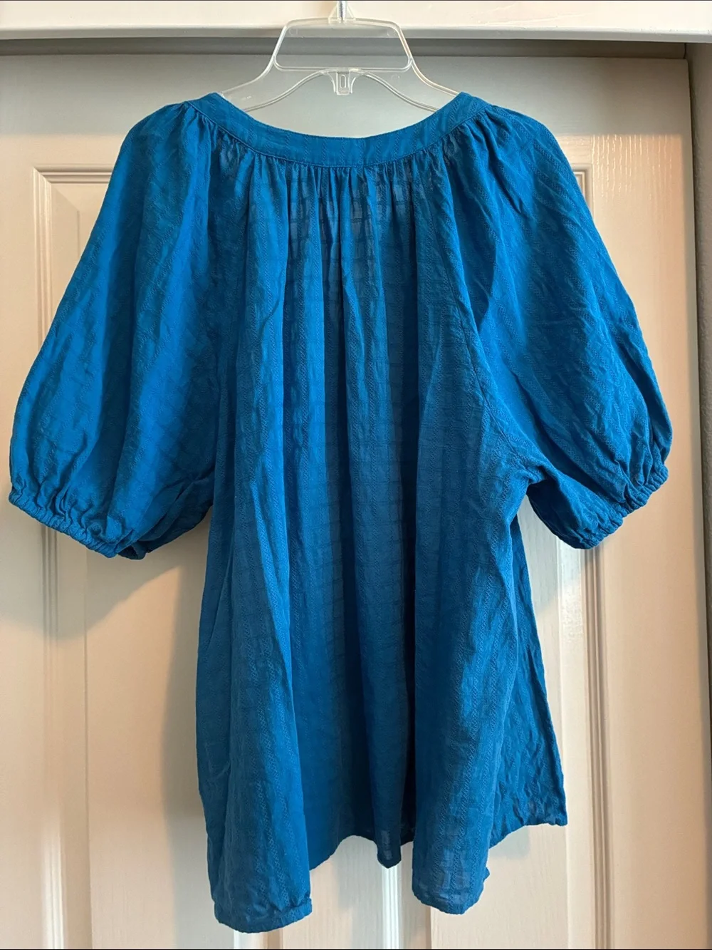 LOFT Teal-Blue Peasant Blouse with Puff Sleeves